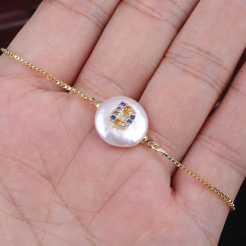 New Arrival Color Gold Micro Pave Rainbow CZ Cubic Zirconia 26 Initials Letter Charm Freshwater Pearl Gold Bracelets For Women - Окраска металла: D