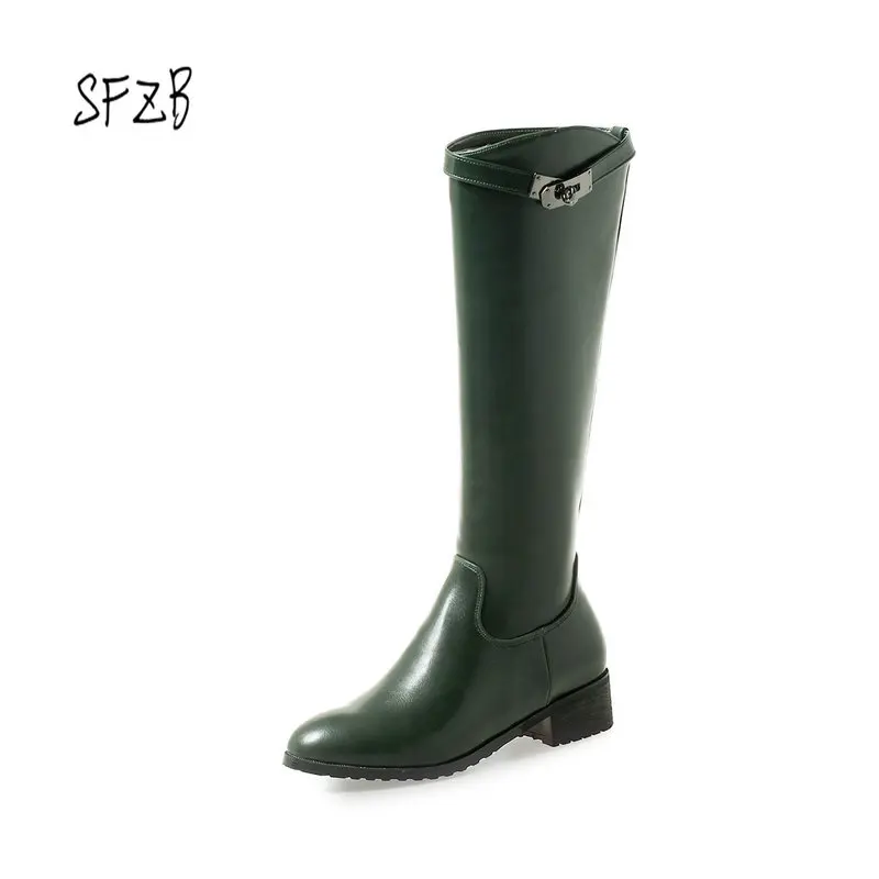 

SFZB Women Knee High Boots Round Toe Fashion Zipper Square Heel Solid Black Women Boots Size 34-46