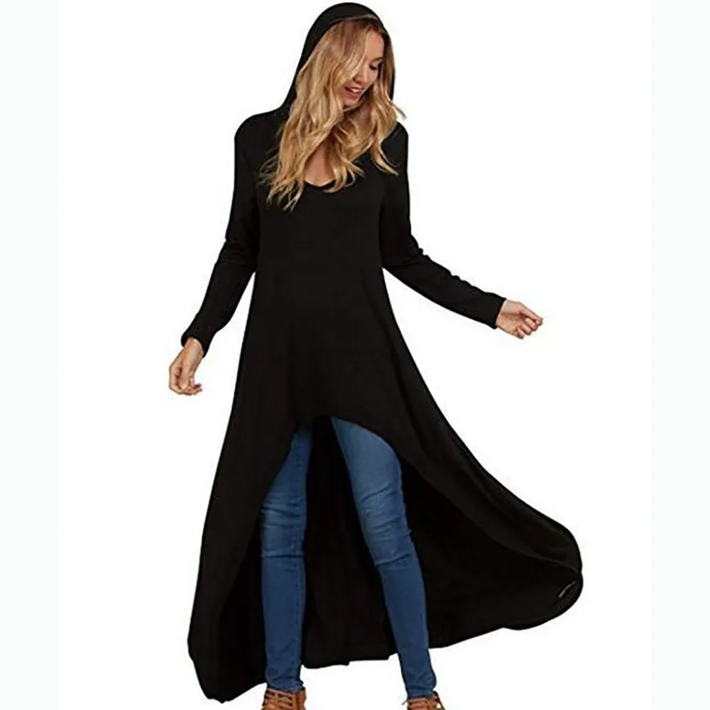 

2019 Tops Explosion Women Fashion Western style Sleeve High Low Hooded Casual Long Maxi Tunic