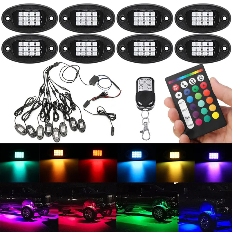 

12V Wireless Control RGB LED Rock Light Under wheel light 24W bluetooth Decorative Light for Offroad Truck SUV ATV Rock Lamp