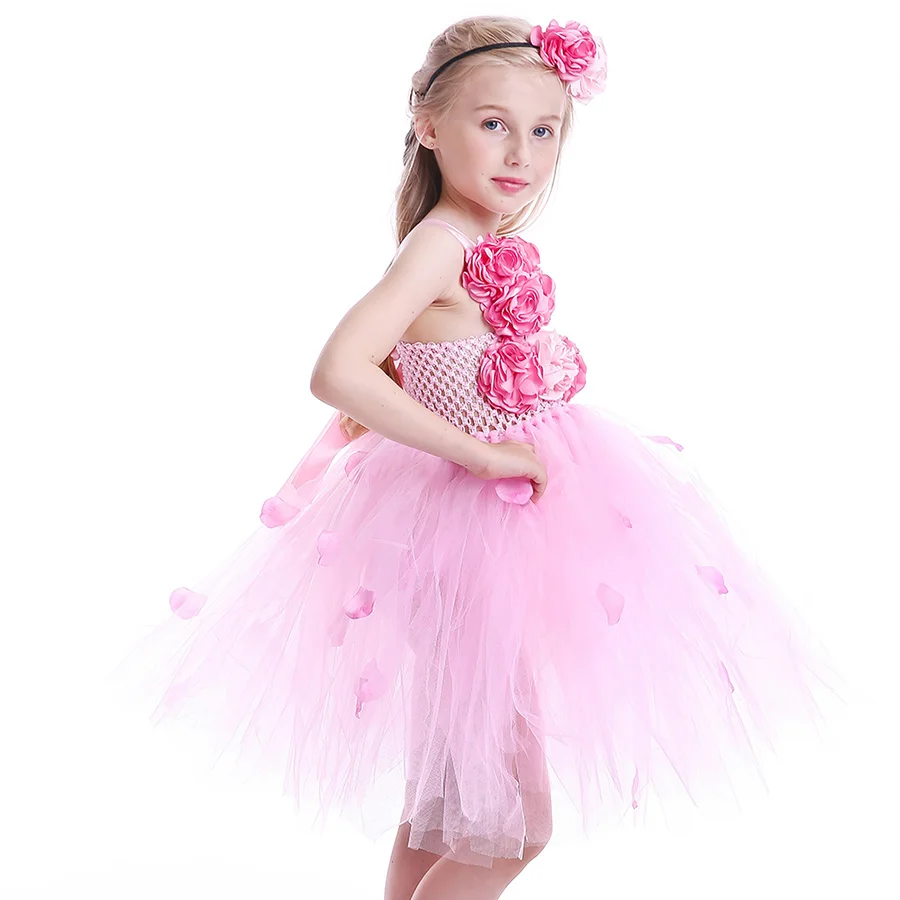 Girl Pink Flower Princess Tutu Dress with Hair Hoop Children Fancy Wedding (7)