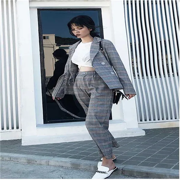 RUGOD Work Fashion Pant Suits new 2 piece set women spring double-breasted plaid Blazer Jacket& pants Office Lady Suits