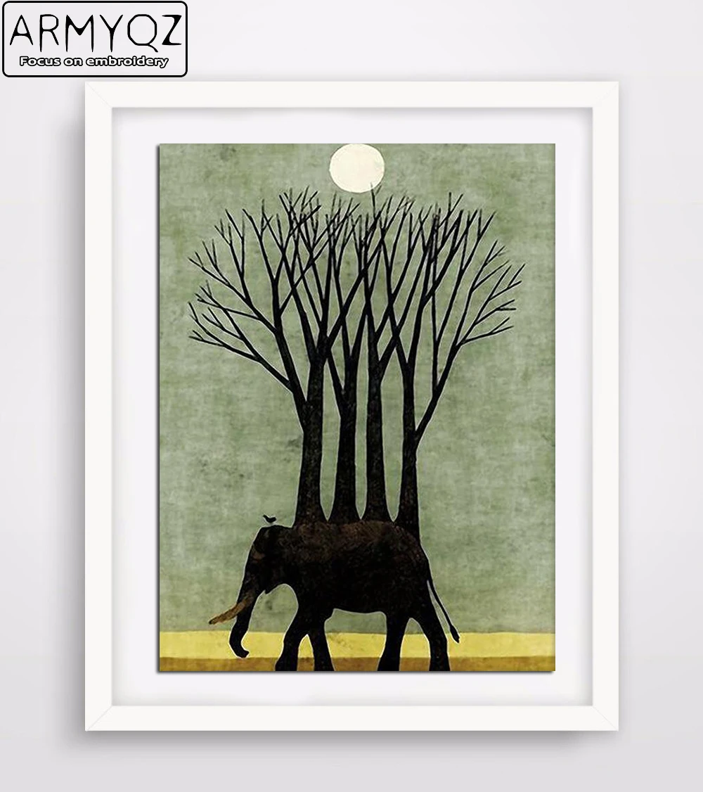 ARMYQZ Diamond Painting Animals Cross-stitch Embroidery Elephant Tree Moon Mosaic Decorative Photos New | Дом и сад
