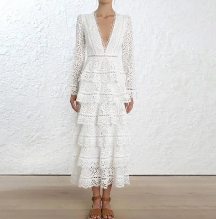 

High Quality Hot Sale 2018 New Arrival Sexy Party Queen Deep V Collar Long Sleeve Cake Style Layer Woman Long Lace Dress