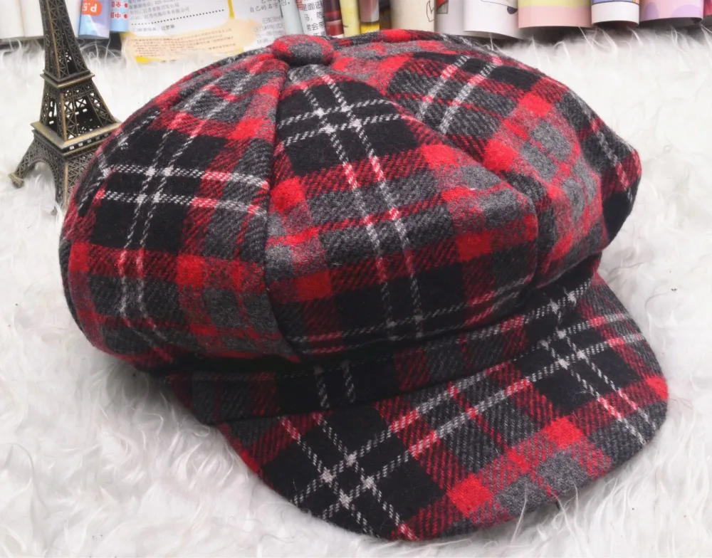 2018 New British Lattice Octagonal Fashion Hat Autumn And Winter Woolen Painter Hat Female Personality Wild Duck Tongue Hat ACB75 (10)