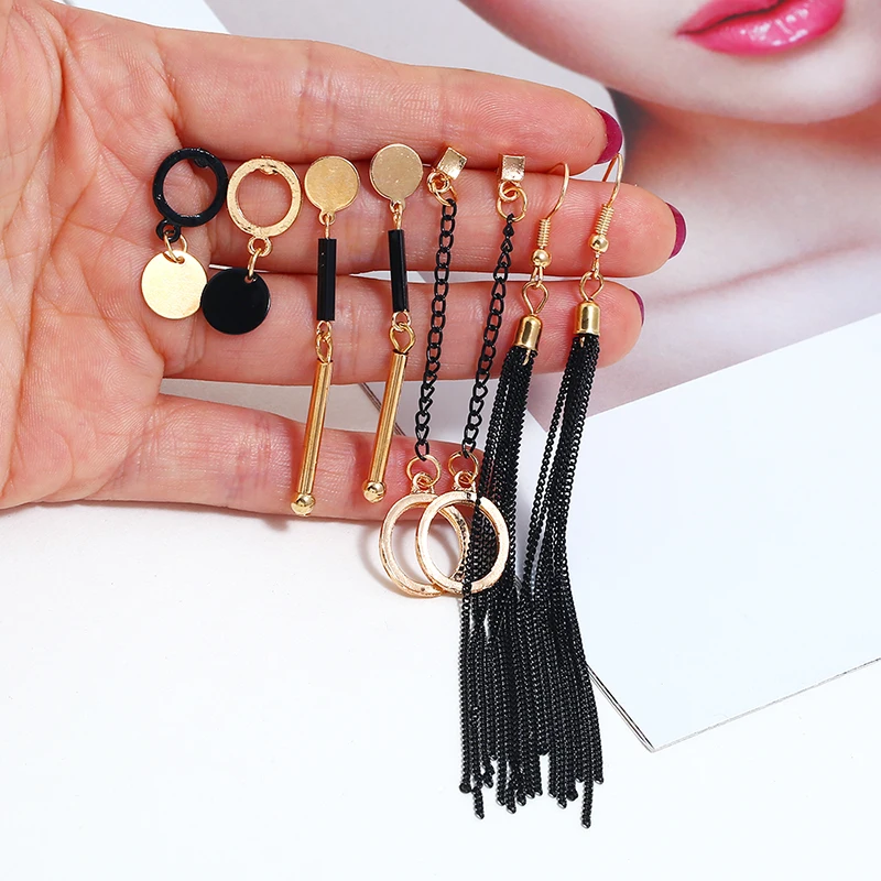 

Punk Vintage Black Chain Tassel Earrings Women Bohemia Gold Metal Round Geometric Stud Earring Set For Party Gift