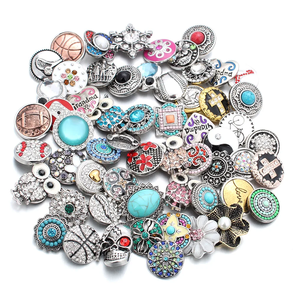 

50pcs/lot New 18MM Snap Jewelry Mixed 50 Designs Rhinestone Metal Snap Buttons fit 18mm Snap Bracelet Bangle Earrings Necklaces