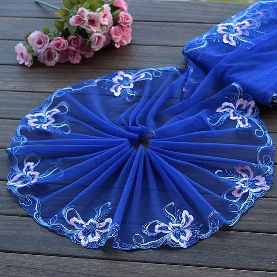 

2 Yards Lace Trim Blue Floral Embroidered Tulle Lace Trim 8.26 Inches Wide High Quality