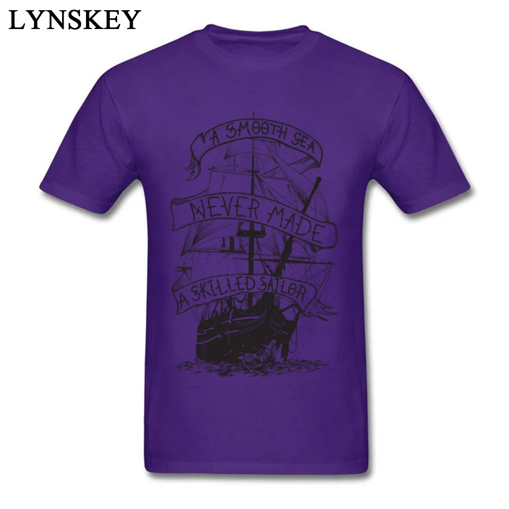 100% Cotton Male Short Sleeve Tops Shirts Printed On Leisure Summer/Autumn T-Shirt Summer Retro O Neck Tee-Shirt Top Quality A smooth sea never made a skilled sailor purple