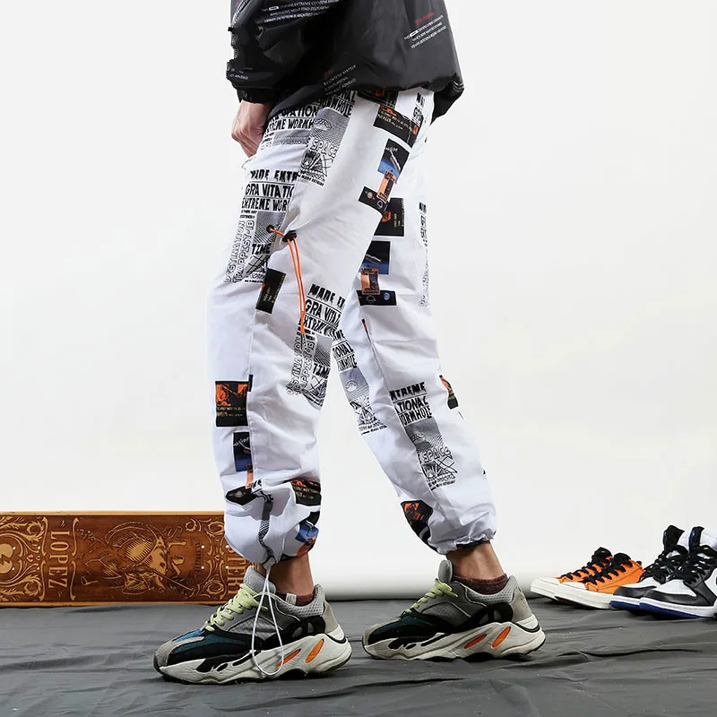 

Newspaper Graphic Printed Joggers Haram Pants Men Streetwear Harajuku Hip Hop Casual Track Trousers Dance Loose Male Pants White