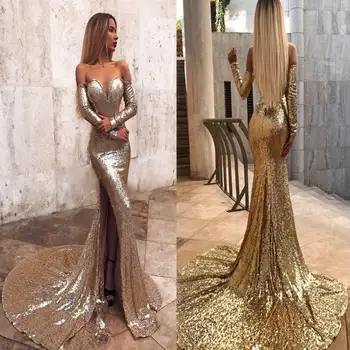 

Vestido de festa 2019 Sweetheart Sparkly Gold Sequin Mermaid Long Evening Dress High Side Slit Mermaid Long Sleeve Prom Dress