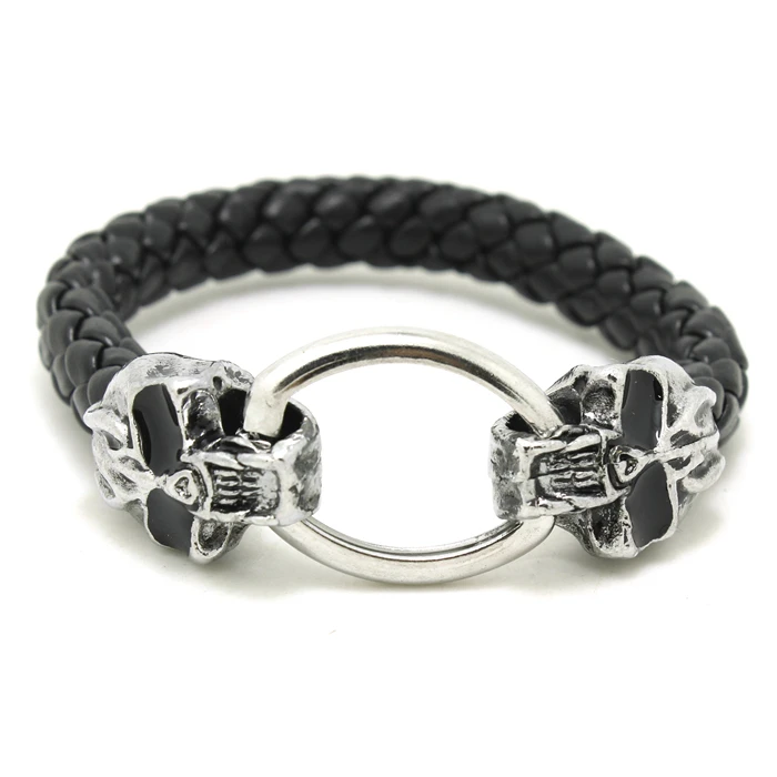 Wholesale Price Ghost Skull Biker Bracelet Genuine Leather&Titanium Alloy Double Skull Unisex ...