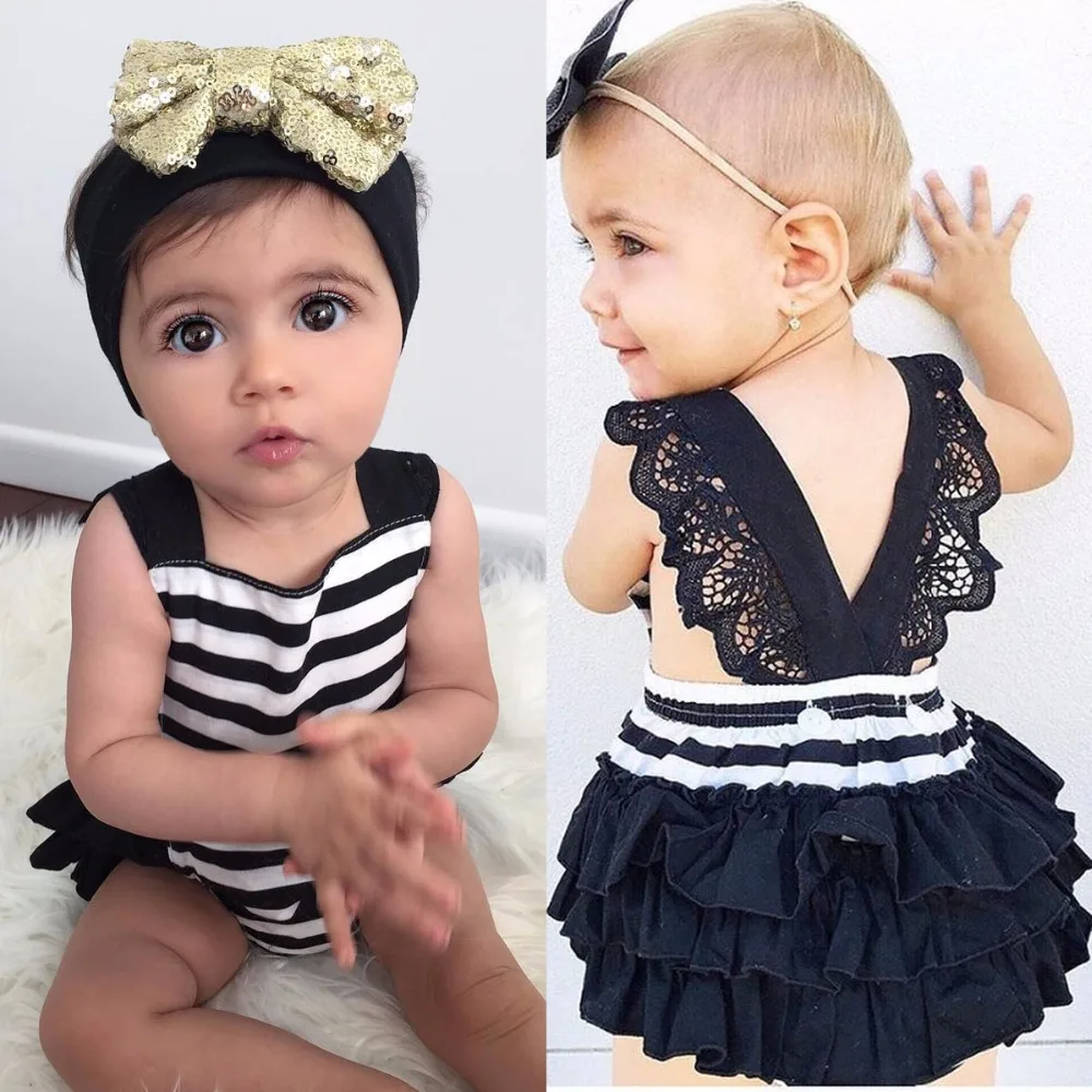 

Puseky Baby Girls Princess Bodysuit 0-18M Newborn Infant Kids Clothes Sleeveless Striped Lace Skirted Bodysuits Bebes Clohting