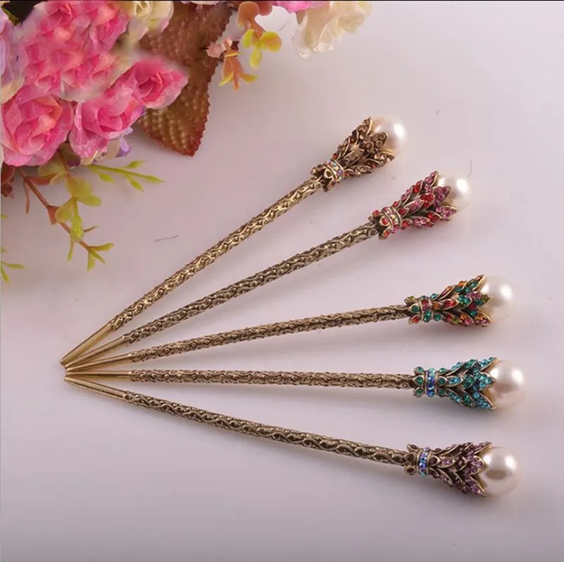 Traditional Vintage Rhinestone Pearl Hair Stick Retro Hairpins Crystal