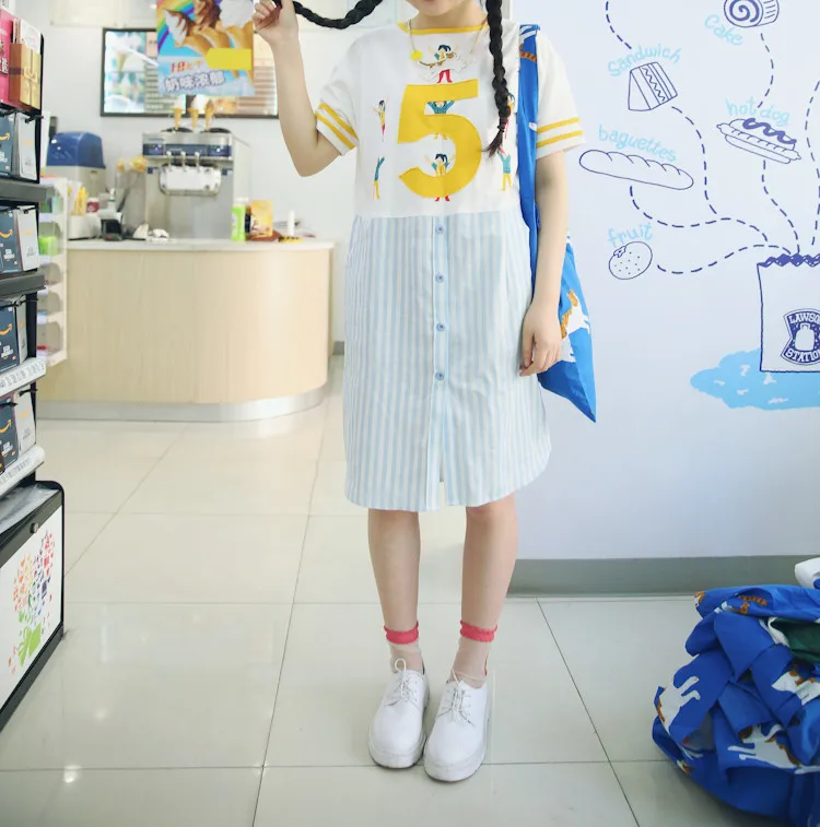

2018 New Ladies Summer Dress Cotton Splice Chiffon Stripe Printed Women Dresses Short Sleeve Preppy Style Loose Knee Length