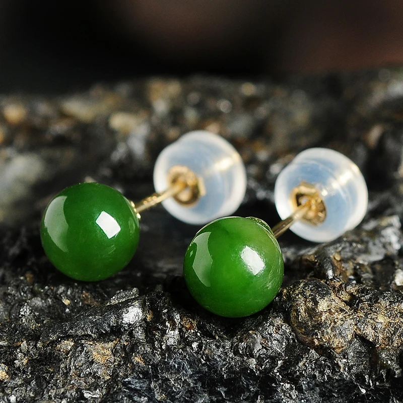 

High-grade 18K gold inlay and hetian jade bead Earrings Women's natural spinach green jasper Round beads earrings with certifica