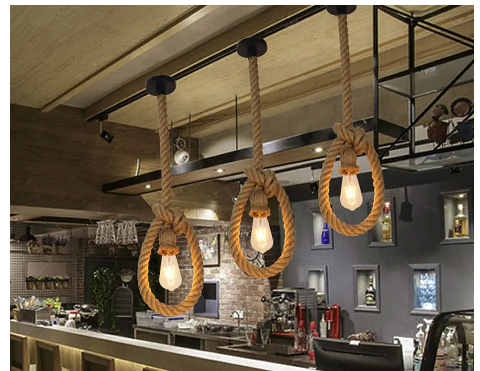 Vintage E27 Hemp Rope Pendant Lights Retro Chandelier Loft Industrial Hanging Lamp (9)