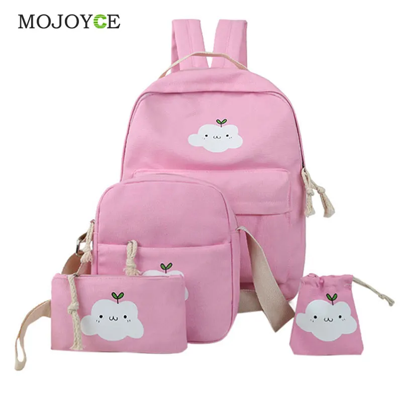 4Pcs Hot Sale Korean Women Bag Canvas Backpack Cute Cloud Print School Bags for Teenagers Backpacks