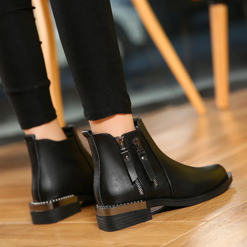 

Solid Zipper Women Chelsea Boots Round Toe Med Square Heel Vintage Motorcycle Boots Ankle Winter Shoes