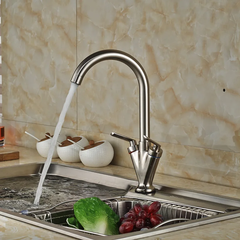 

Nickel Brushed Dual Handles Kitchen Hot Cold Water Faucet Deck Mount Rotation Wash Vegetables Faucet
