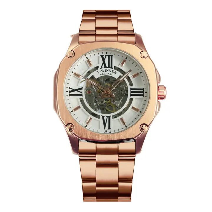 Победитель официальный моды автоматические часы для мужчин Скелет Механические мужские s часы лучший бренд класса люкс нержавеющая сталь квадратные наручные часы - Цвет: RG WHITE
