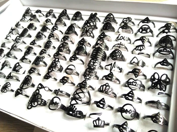

50pcs Black Laser Cut Top Design Mixed Women's Fashion Charm Finger Rings Girls Elegant Stainless Steel Wedding Rings Party Gift