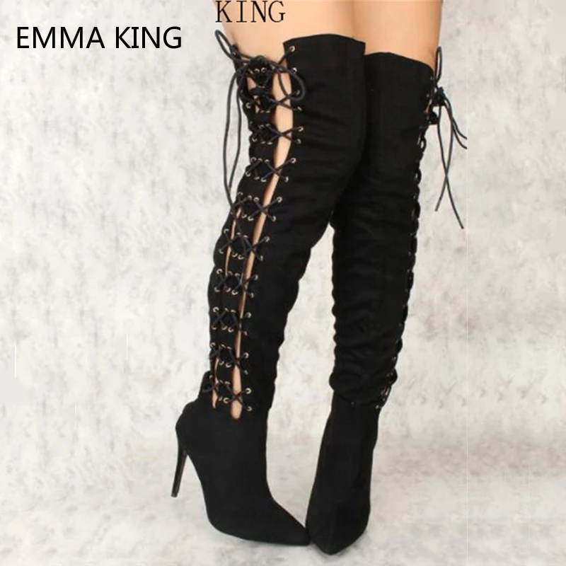 

2019 Women Winter Thigh High Boots Sexy Cross Strappy Pointed Toe Stiletto Heels Fashion Party Ladies Shoes Over The Knee Boots