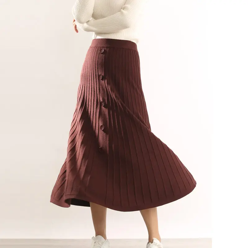 Smpevrg осенне-зимняя трикотажная Женская юбка, длинная стильная эластичная юбка трапециевидной формы с высокой талией, Женская Офисная трикотажная юбка в стиле ампир - Цвет: wine red