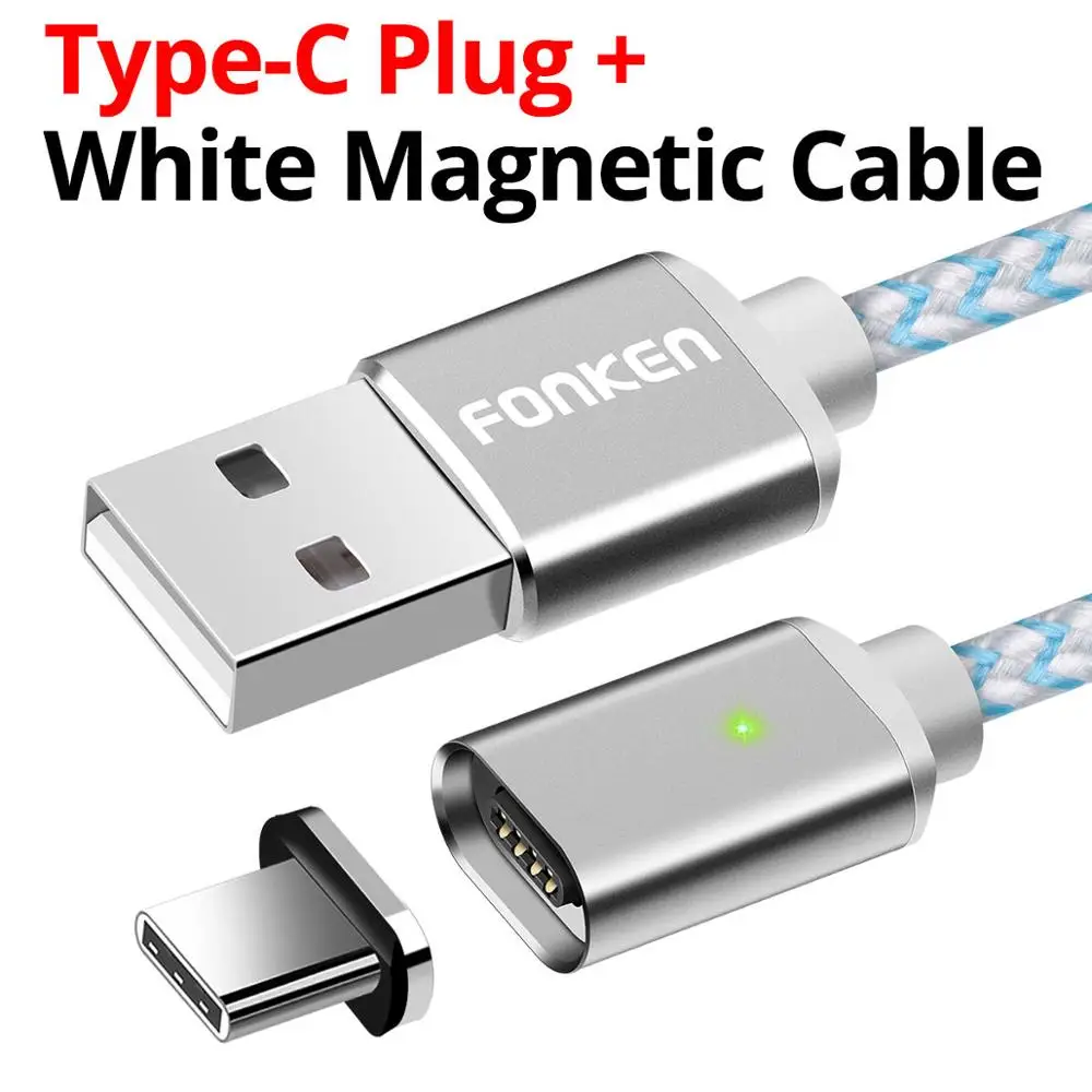 Магнитный usb-кабель FONKEN Micro usb type-C, магнитный кабель для телефона, светодиодный кабель для быстрой зарядки, мини USB C, зарядный шнур для мобильного телефона - Цвет: white add USB C plug