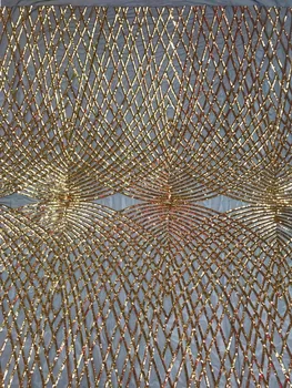 

Gold Line Black french laces fabrics high quality tulle embroidered fabric with sequins african lace 5 yards for women dress