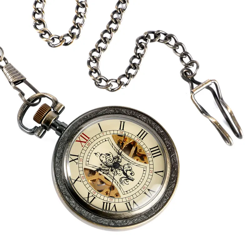 Classic Wind Up Pocket Watch Skeleton Mechanical Antique Style Chain Hand Winding Vintage Tree
