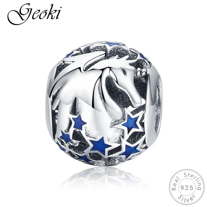 

Geoki 925 Sterling Silver Blue Enamel Sky Night Unicorn fit Original Pandora Bracelet Flower Star Beads for Pendant Necklace