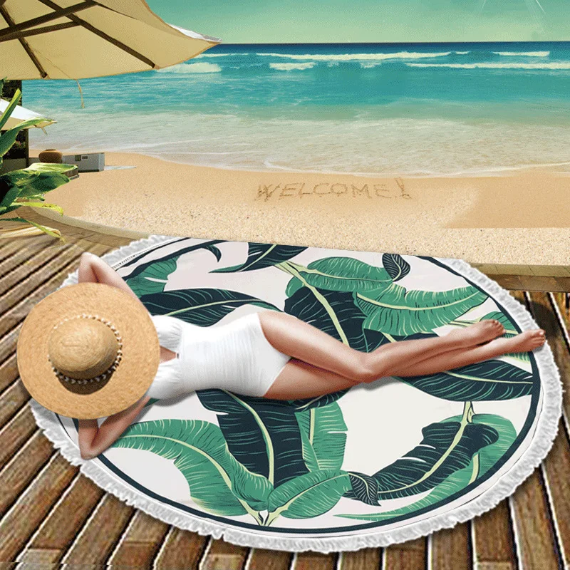 150cm Round Beach Towels for Adults Green Leaves Printed Microfiber
