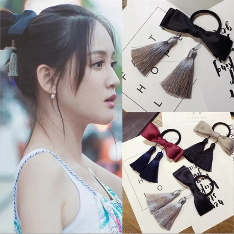 

Fashion boutique hair accessories women's retro big bow tassel high-grade hair rope tie hair band hair band head rope cute girl
