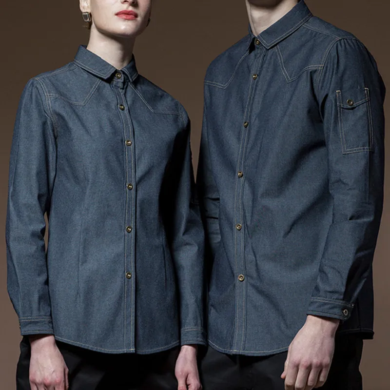 

Poly Cotton Blue Long Sleeve Shirt Hotel Restaurant Waiter Waitress Kitchen Uniform Barista Bistro Baker Catering Work Wear D45