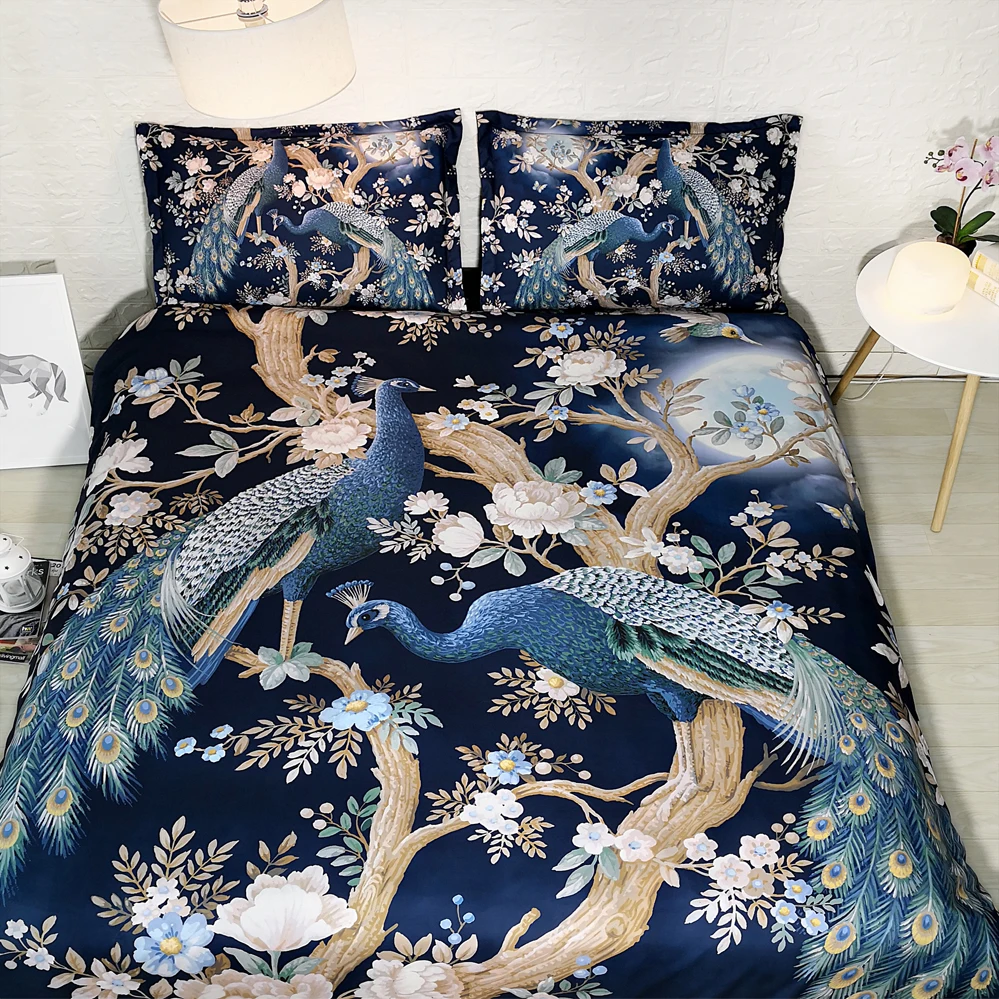 Queen King Size 6 Pieces Luxury Bed Cover Tree Blossom And Peacock