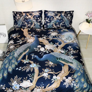 

Queen King size 6 pieces luxury bed cover Tree blossom and peacock bedding dark blue quilt covers 4pcs single size bed sheets