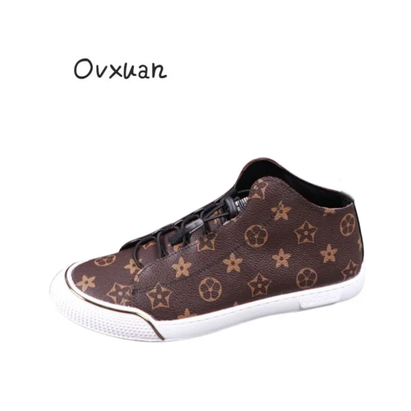

OVXUAN Luxury Brand snowflake Printed PU Leather Mens Shoes sneakers men Flats Comfortable High Top Casual Loafers Shoes For Men