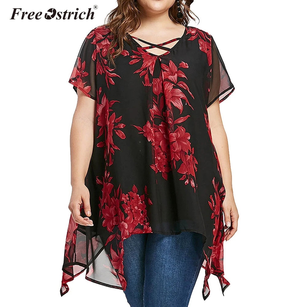 

Free Ostrich Women tops 5xl 2019 Summer Front Criss Cross Floral Double Chiffon Blouse Short Sleeve Shirt Plus Size Blouse
