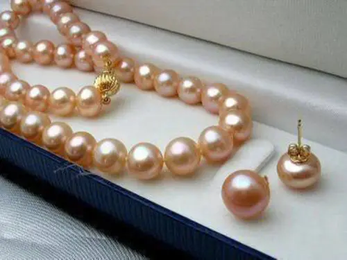 

8-9MM Natural Pink Akoya Cultured Pearl necklace earrings set 18">jewerly Selling free shipping