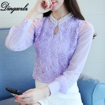 

Dingaozlz Elegant Beading Women blouse Patchwork Flower Lace Tops Long sleeve Chiffon shirt blusa feminina Office lady shirt