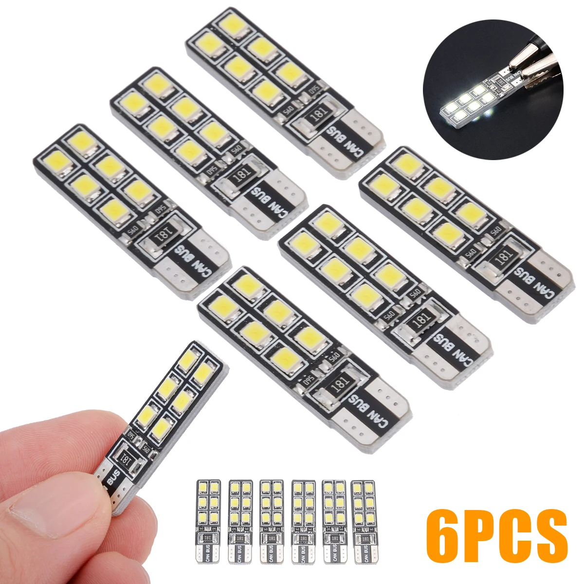 6Pcs/set White T10 194 168 2835 12LED Canbus Error Free Width Door Map Light Bulb License Plate Auto Lamps 12V