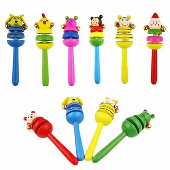 

Baby 1pcs Colorful Wooden Cartoon Animal Hand Held Puppet Rod Rattle Hand Shake Bells Infant Musical Handbell Educational Toys