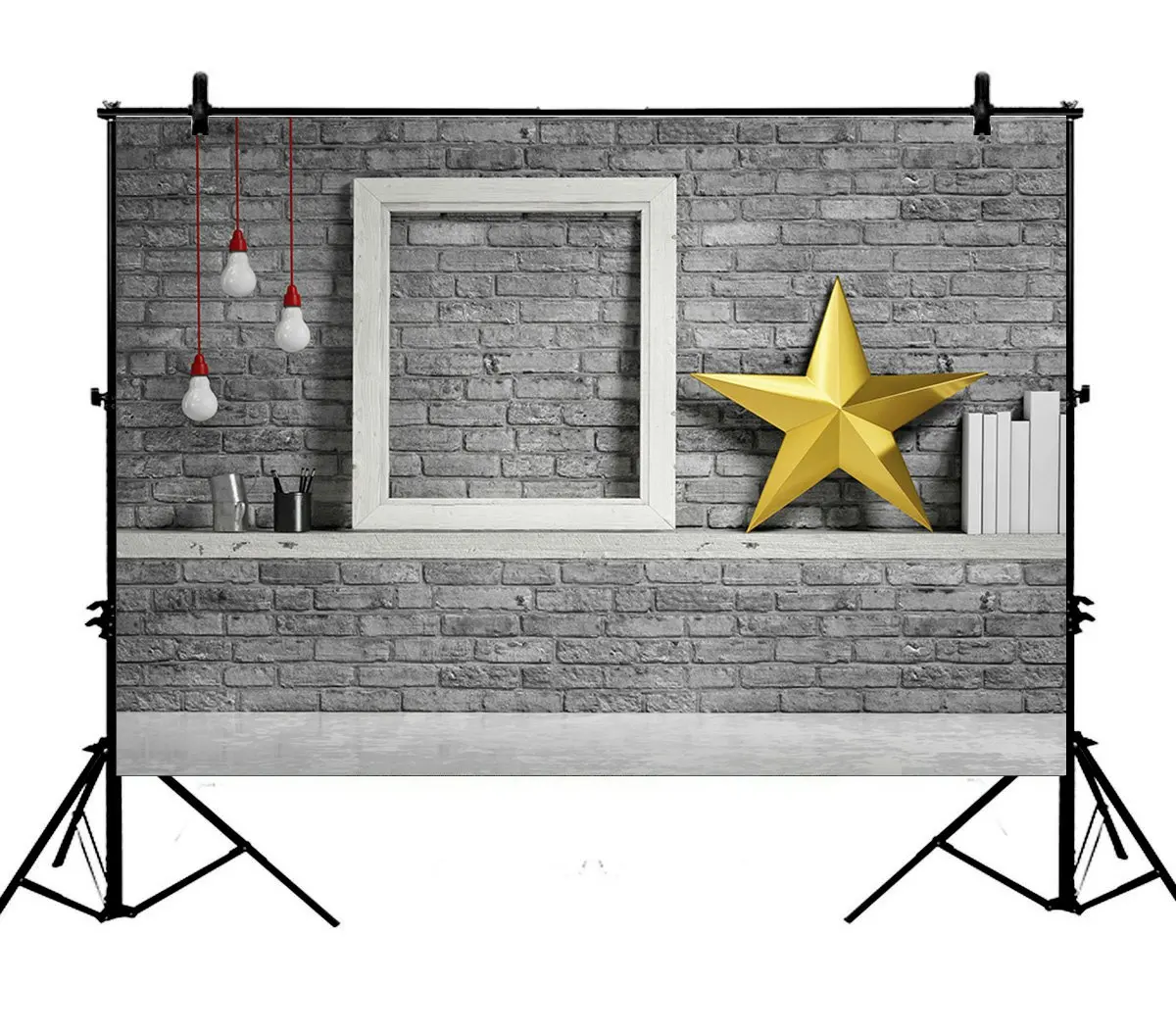 

5x7ft Christmas Lamps Frame Golden Star Weathered Brick Wall Floor Polyester Photo Background Portrait Backdrop