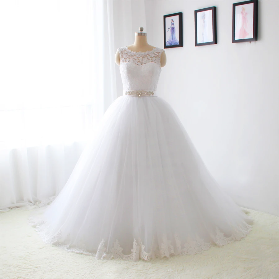 

NS1297 Crystal Belt Top Lace Wedding Gown Real Photos