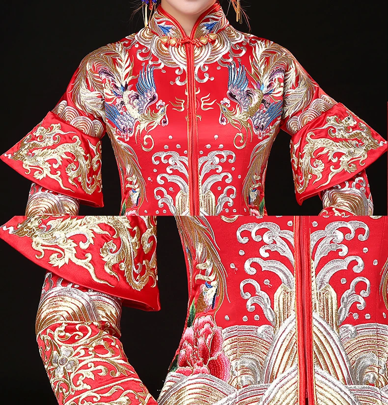 Китайский стиль невесты вышивка cheongsam свадебной церемонии платья костюм вечернее платье show Одежда Тонкий феникс Qipao