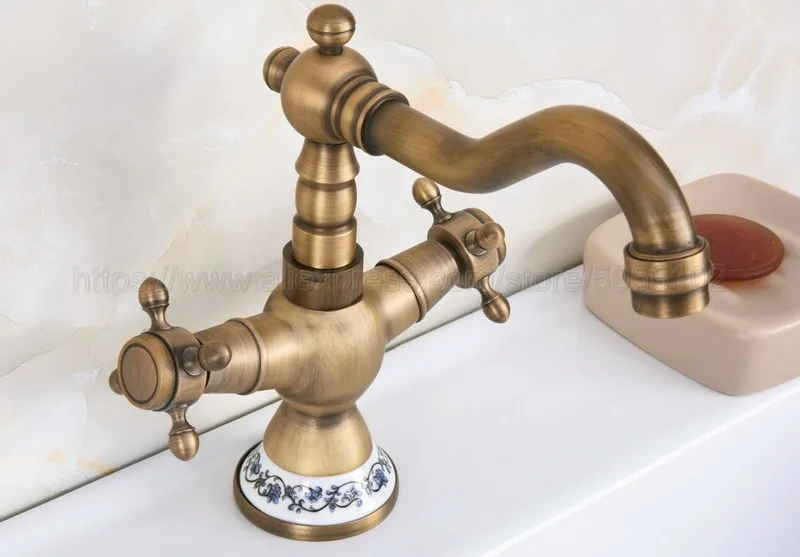 Basin Faucets Antique Brass Bathroom Sink Faucet 360 Degree Swivel Spout Double Cross Handle Bath kitchen Mixer Taps znf601