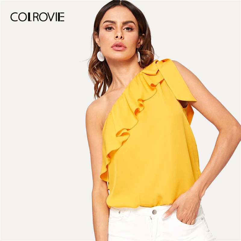 

COLROVIE Ginger Asymmetrical Flounce Trim Knot One Shoulder Boho Sexy Blouse Shirt Women 2019 Summer Sleeveless Knot Female Tops