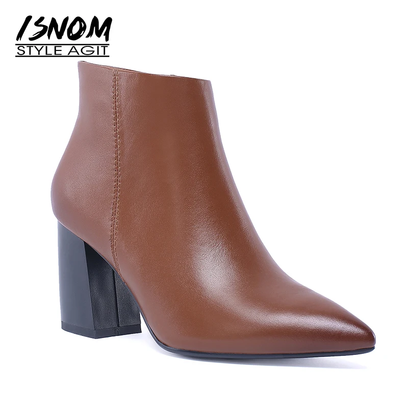 

ISNOM Thick High Heels Women Ankle Boots 2018 New Genuine Leather Boot Pointed Toe Female Party Shoes Autumn High Neck Footwear