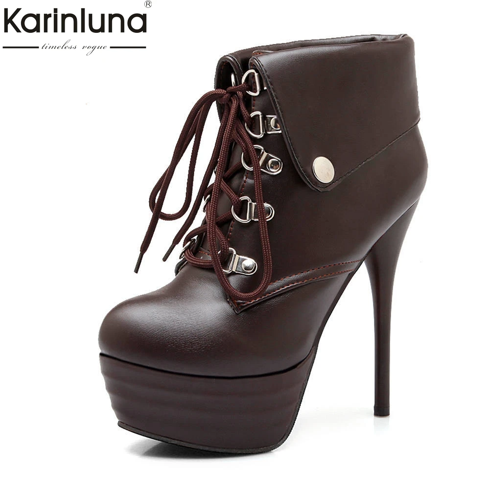 

Karinluna Big Size 34-43 shoelaces boots Woman Shoes platform winter fashion super thin high heels women shoes ankle Boots
